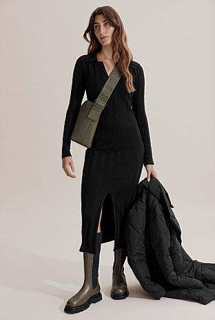 Black Collared Rib Dress - Dresses | Country Road