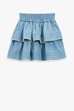 スカート Chambray weather train skirt Chambray Organically Grown Cotton Shirred Tier Skirt