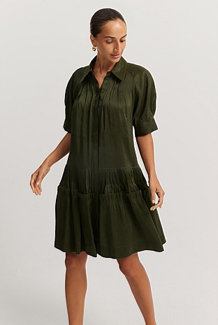 Dark Olive Tuck Detail Short Sleeve Shirt Dress - Dresses