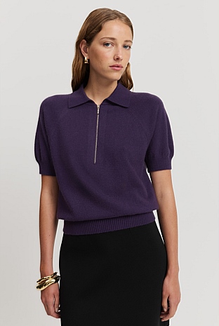 country kerry24 ハープ Eggplant GCS-certified Cashmere Blend Zip-Through Knit Polo