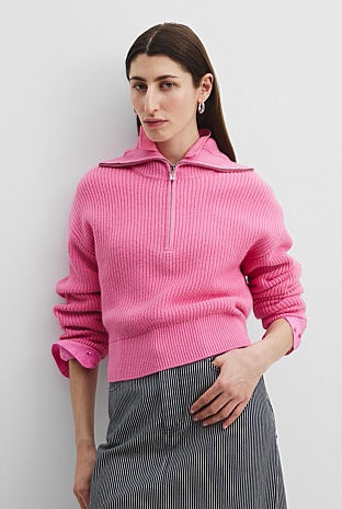 Organically Grown Cotton Blend Zip Neck Rib Knit