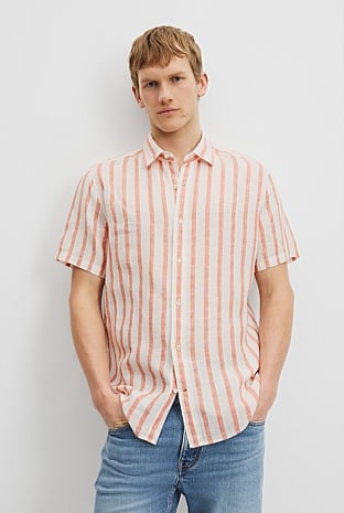 Regular Fit Organically Grown Linen Short Sleeve Stripe Shirt