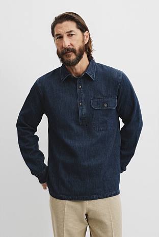 Indigo Regular Fit Coated Chambray Shirt - Casual Shirts | Country