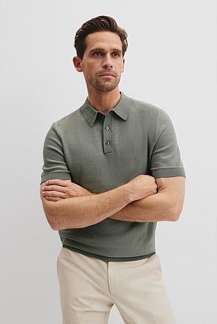 Moss Grey Cotton Blend Silk Textured Knit Polo - Australian Grown