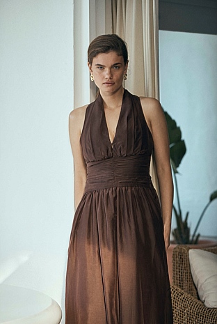 Espresso Gathered Halter Dress - Dresses | Country Road Espresso Gathered Halter Dress - Dresses | Country Road