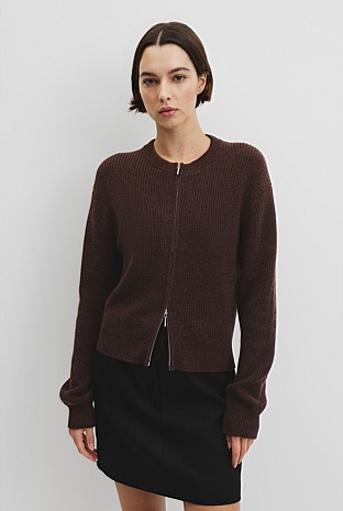 Australian Cotton Wool Blend Zip Through Knit Cardigan