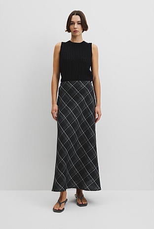 Organically Grown Linen Check Pull-On Midi Skirt