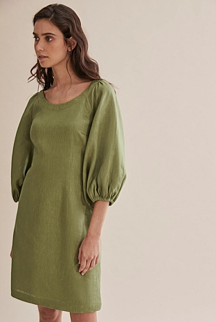 Olive Linen Puff Sleeve Dress - Dresses | Country Road