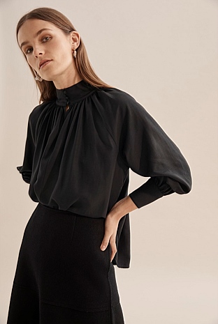 Black Gathered Neck Blouse - Shirts | Country Road