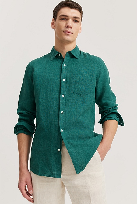Dark Green Tailored Fit Delave Linen Long Sleeve Shirt - MEN Shirts