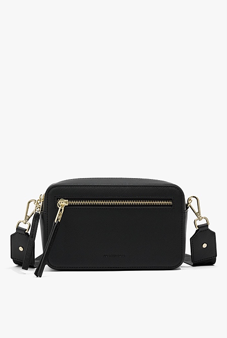 Black Crossbody Bag/Sling Bag in Textured Leather with Branded Strap