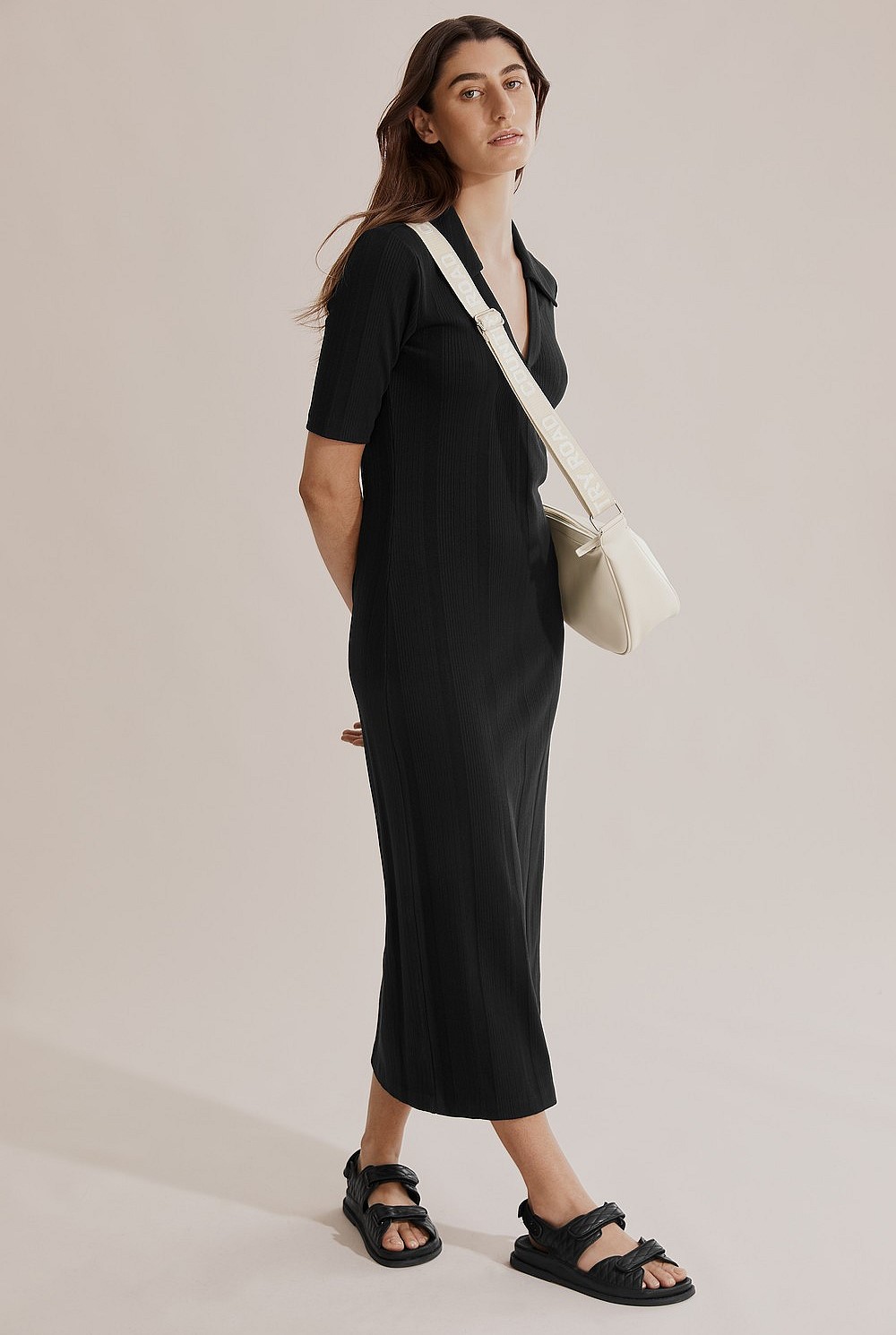 knee length dresses for ladies Signature Pati Ribbed Polo Midi Dress - Black main image 0