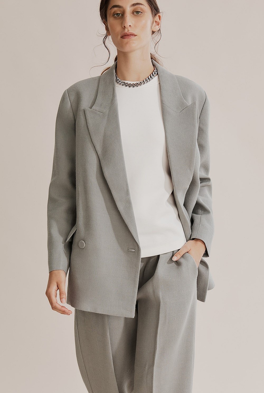 Mid Grey Wool Double Breasted Blazer - Jackets & Coats