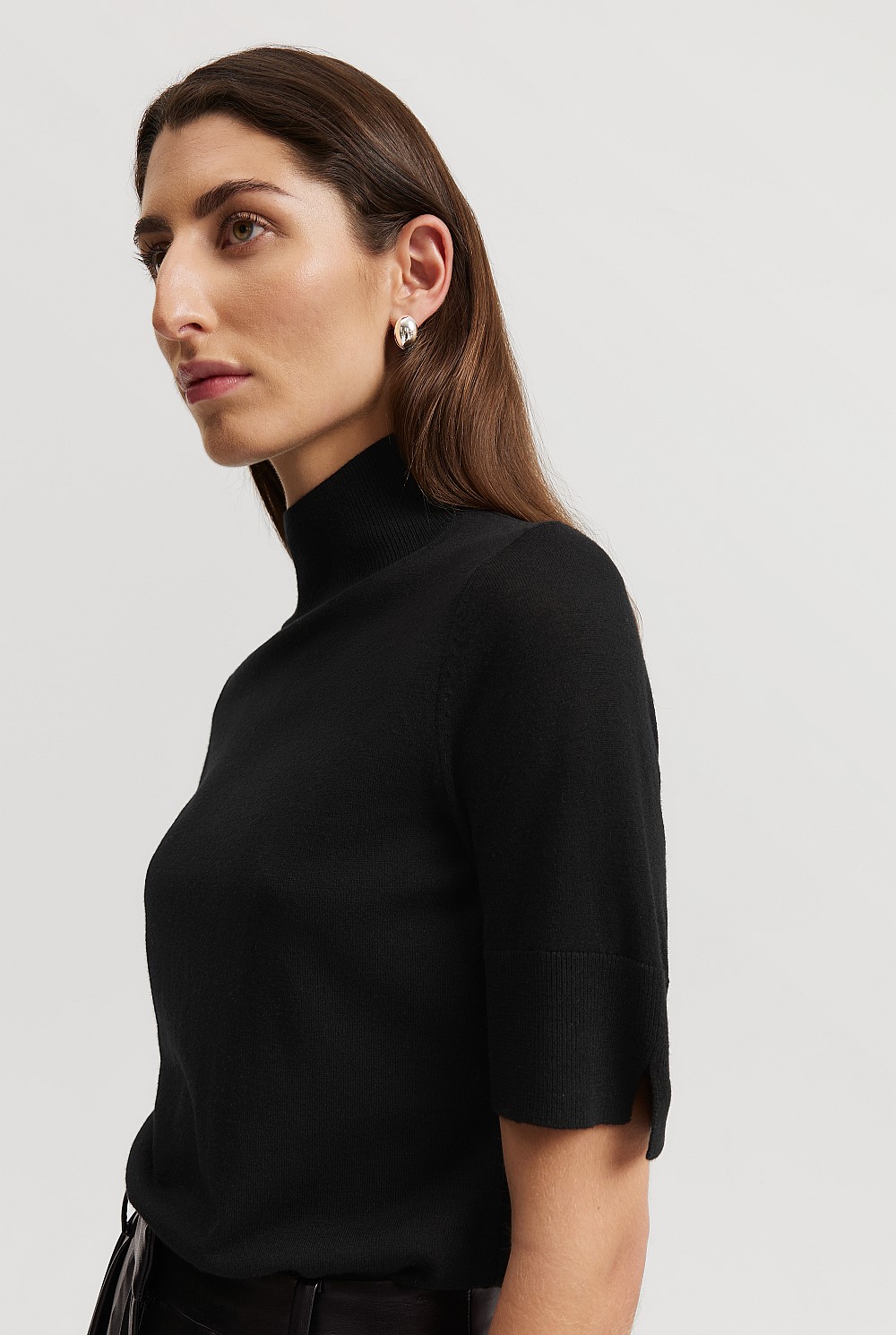 Black Australian Merino Wool Silk Short Sleeve Knit - Work