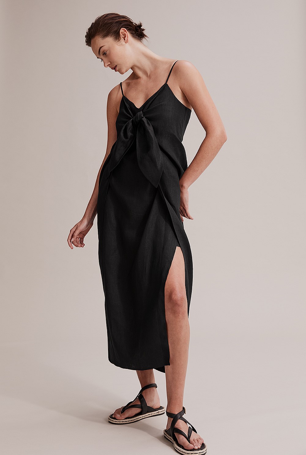 Black Linen Knot Front Dress - Dresses | Country Road