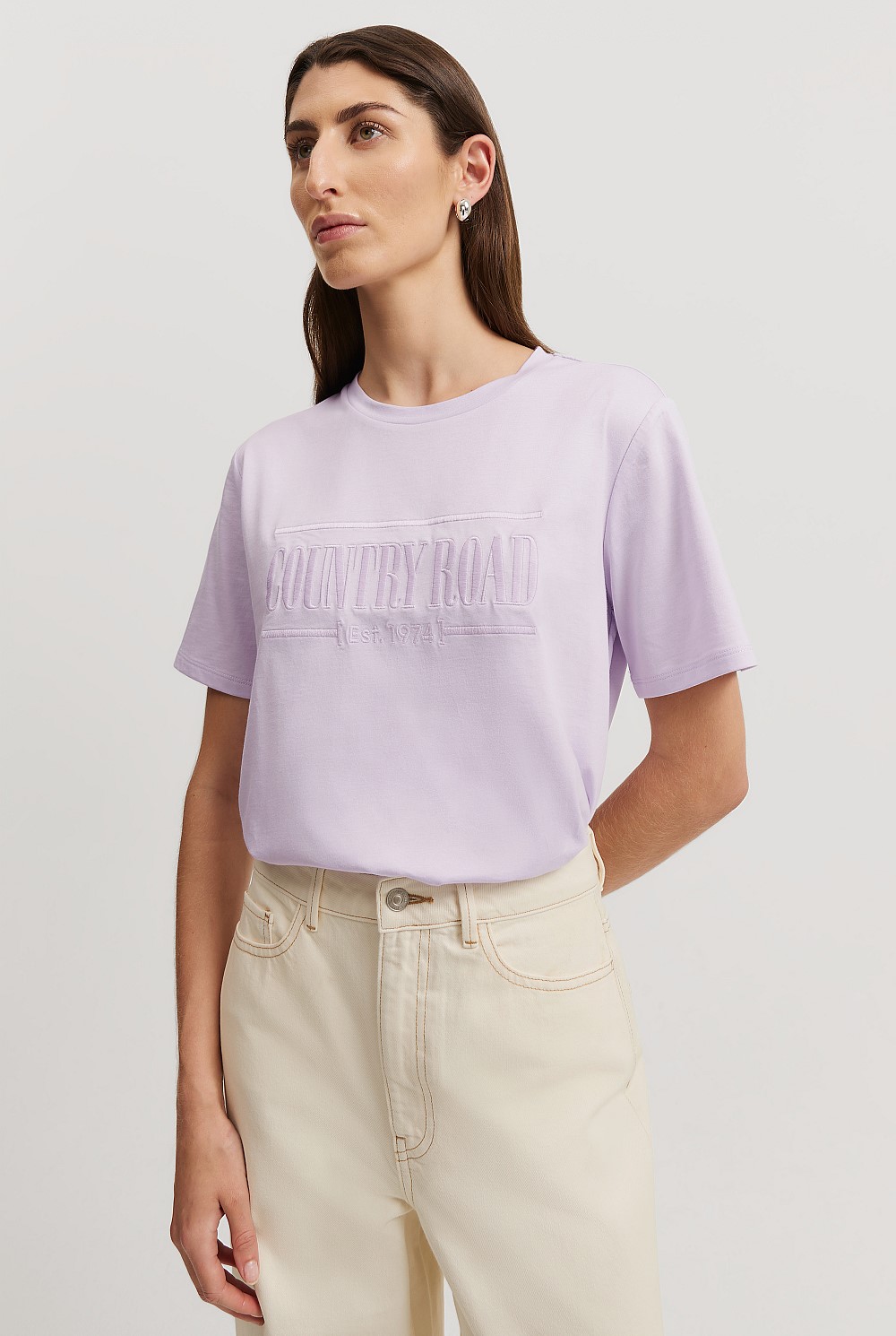 Lilac Australian Cotton Heritage Embroidered T-Shirt - Natural