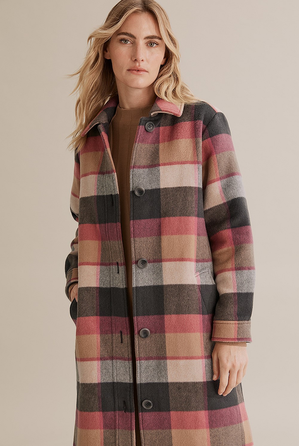 Rose Wine Longline Check Coat - Jackets & Coats | Country Road
