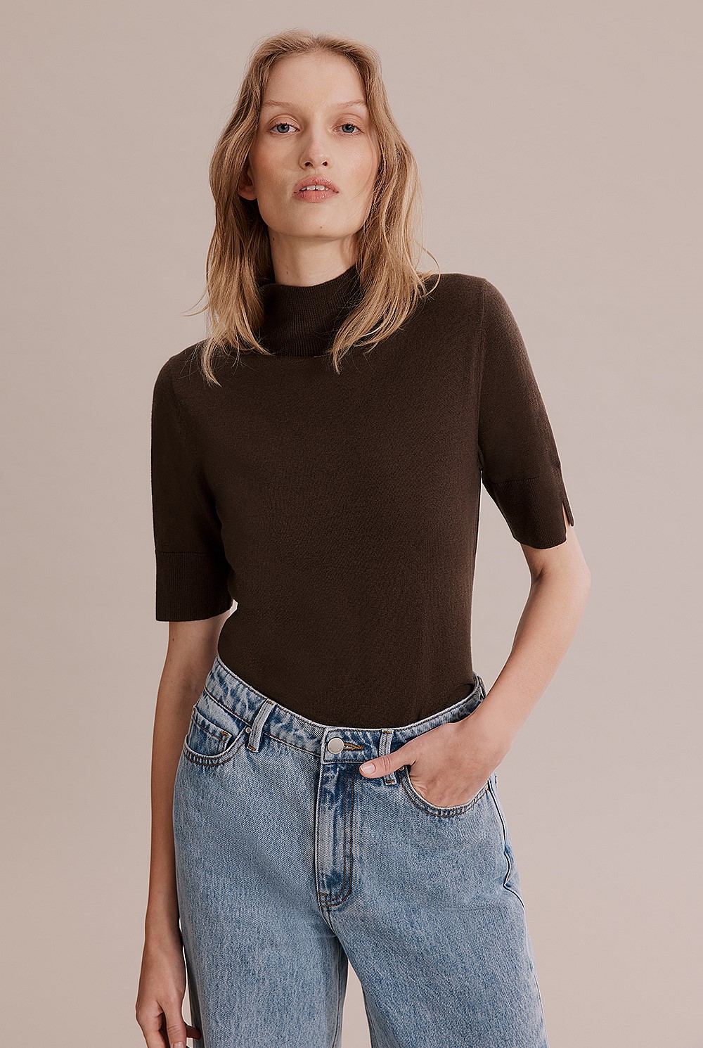 Espresso Australian Merino Wool Silk Short Sleeve Knit - Natural