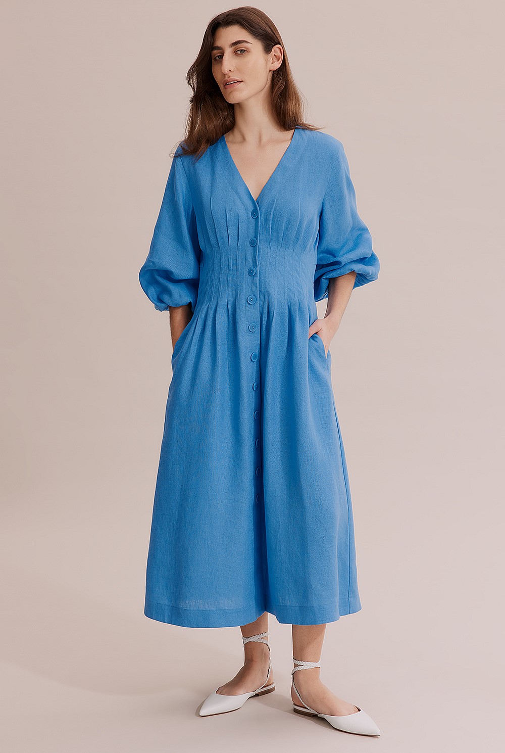 Ocean Blue Linen Dart Front Midi Dress - Natural Fibres | Country Road