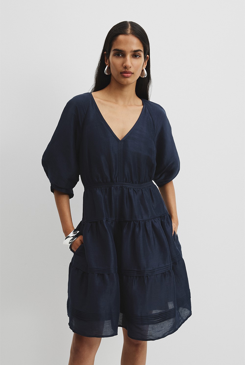 knee length dresses for ladies Bow-Detail Pleated A-Line Mini Dress in Black