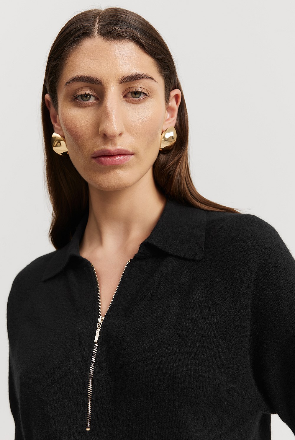 Black GCS-certified Cashmere Blend Zip-Through Knit Polo