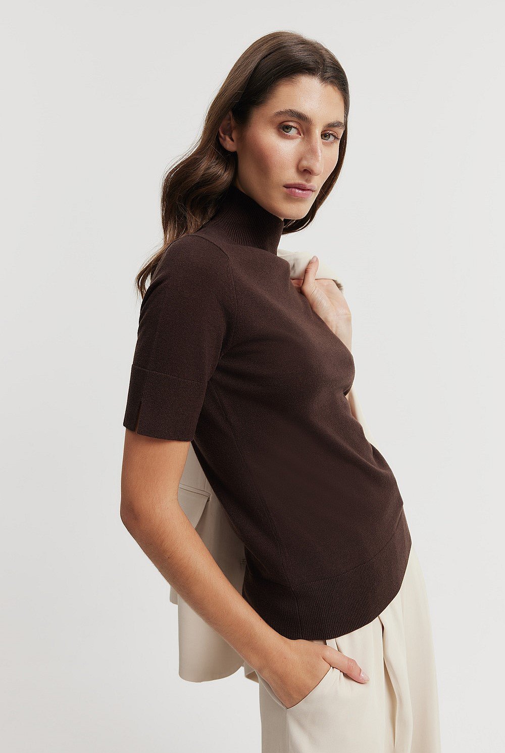 Chocolate Australian Merino Wool Silk Short Sleeve Knit - Knitwear