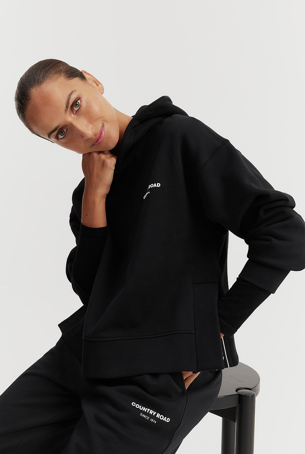 Black Cotton Cropped Hooded Sweat - Sweats | Country Road