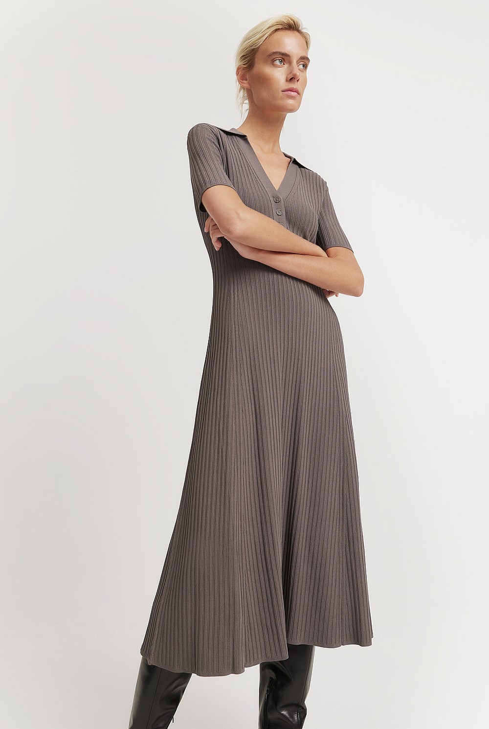Mushroom Compact Knit Polo Dress - Dresses | Country Road Mushroom Compact Knit Polo Dress - Dresses | Country Road