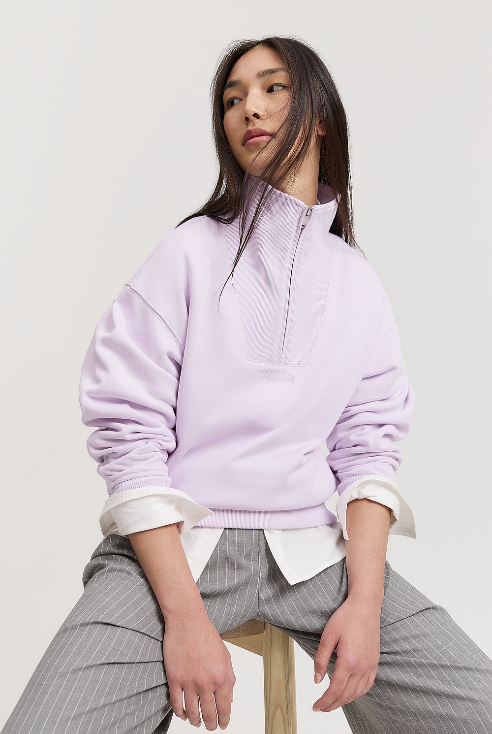 Violet Tint Australian Cotton Zip Collar Rib Sweat - Natural
