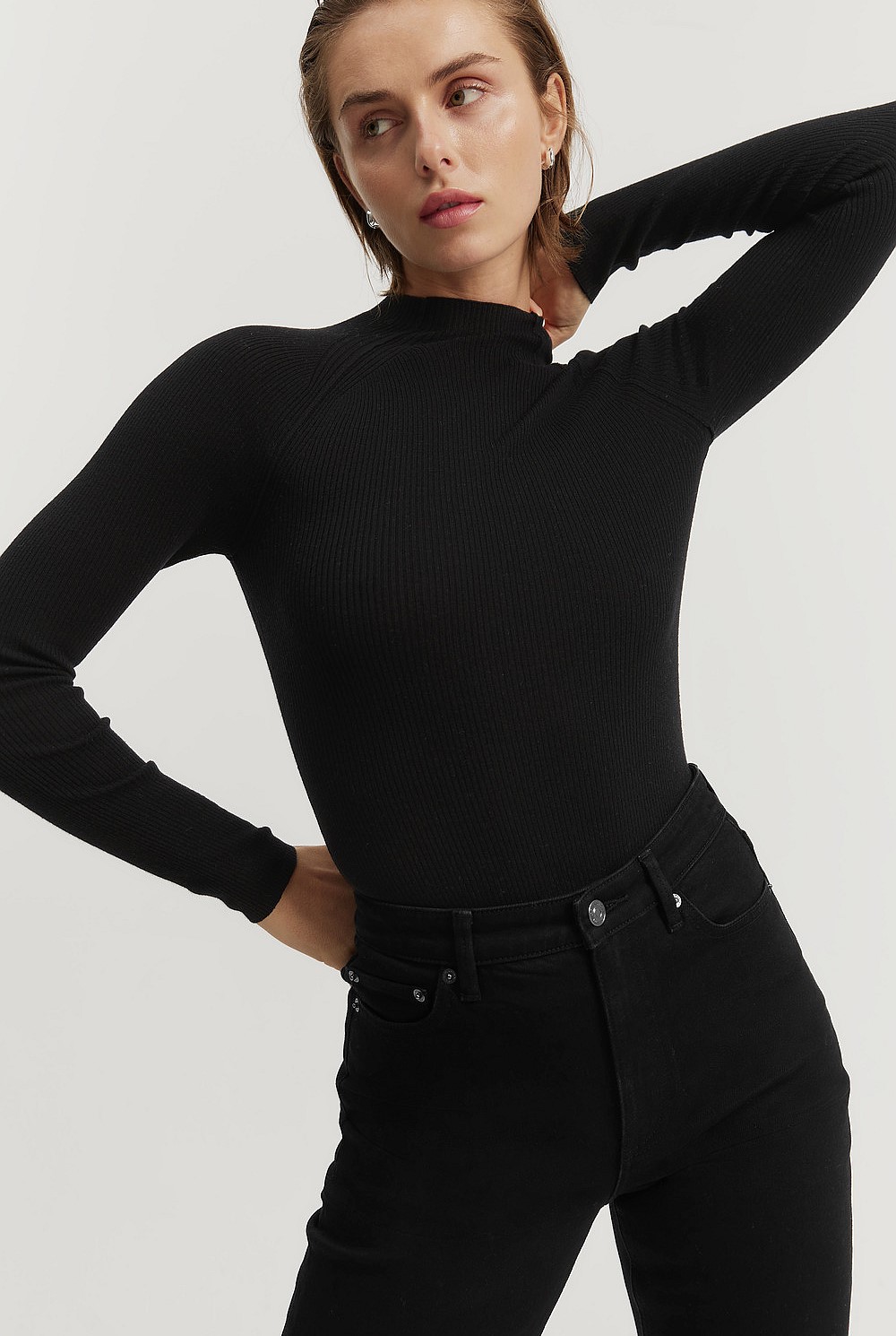 Black Australian Merino Wool Silk Mock Neck Knit - Natural Fibres