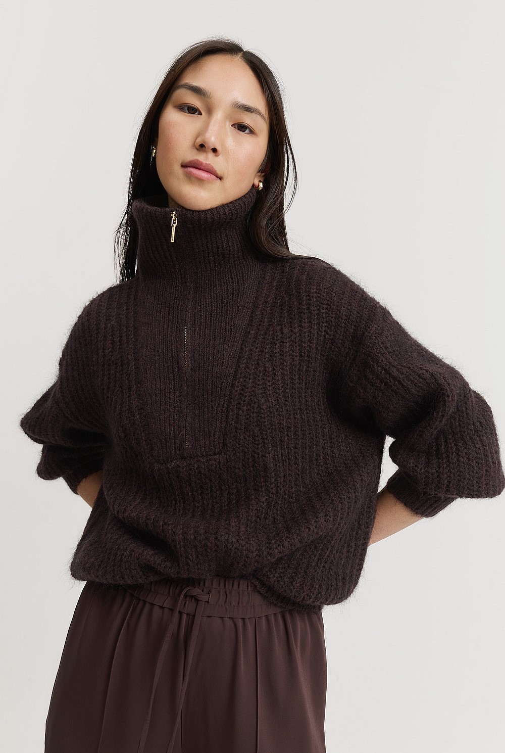 Chocolate Zip Detail Knit - Knitwear | Country Road