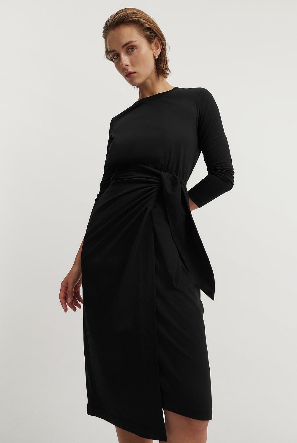 Black Cotton Long Sleeve Tie Front Dress - Work | Country Road Black Cotton Long Sleeve Tie Front Dress - Work | Country Road