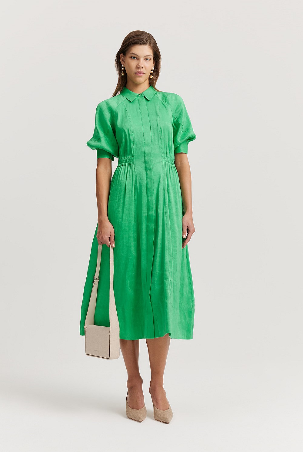 Shirt Dress Louche Green Dress Jewel Green Linen Blend Fluid Cinched Shirt Dress  Dresses