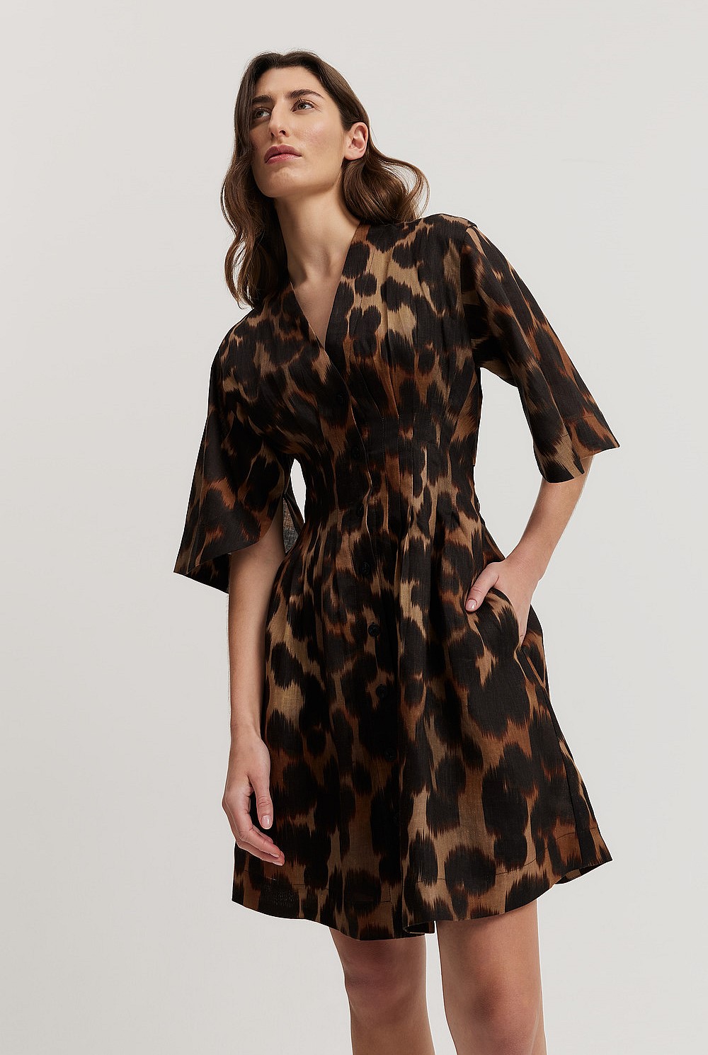 Leopard Linen Print Darted Mini Dress - Natural Fibres | Country Road