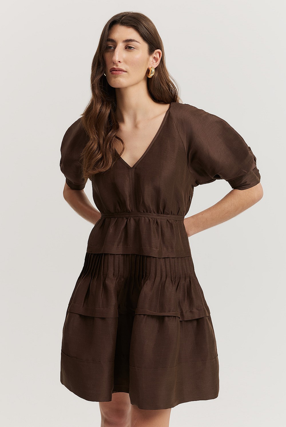 Chocolate Gathered Tiered Mini Dress - Natural Fibres