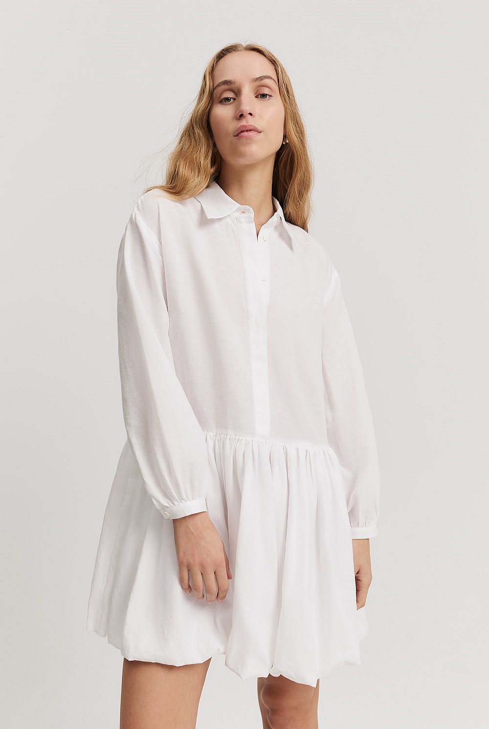 White Linen Blend Blouson Sleeve Mini Dress - Dresses | Country Road White Linen Blend Blouson Sleeve Mini Dress - Dresses | Country Road