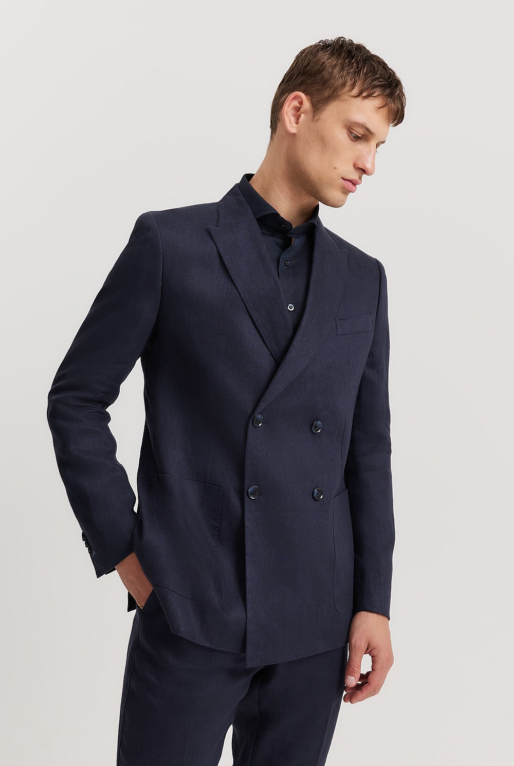 Navy Regular Fit Double-Breasted Delave Linen Blazer - Work