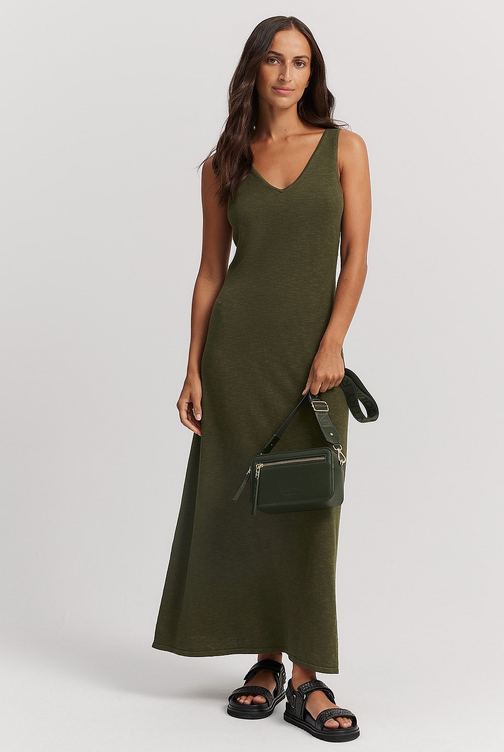 Dark Olive Cotton Linen Midi Dress - Dresses | Country Road