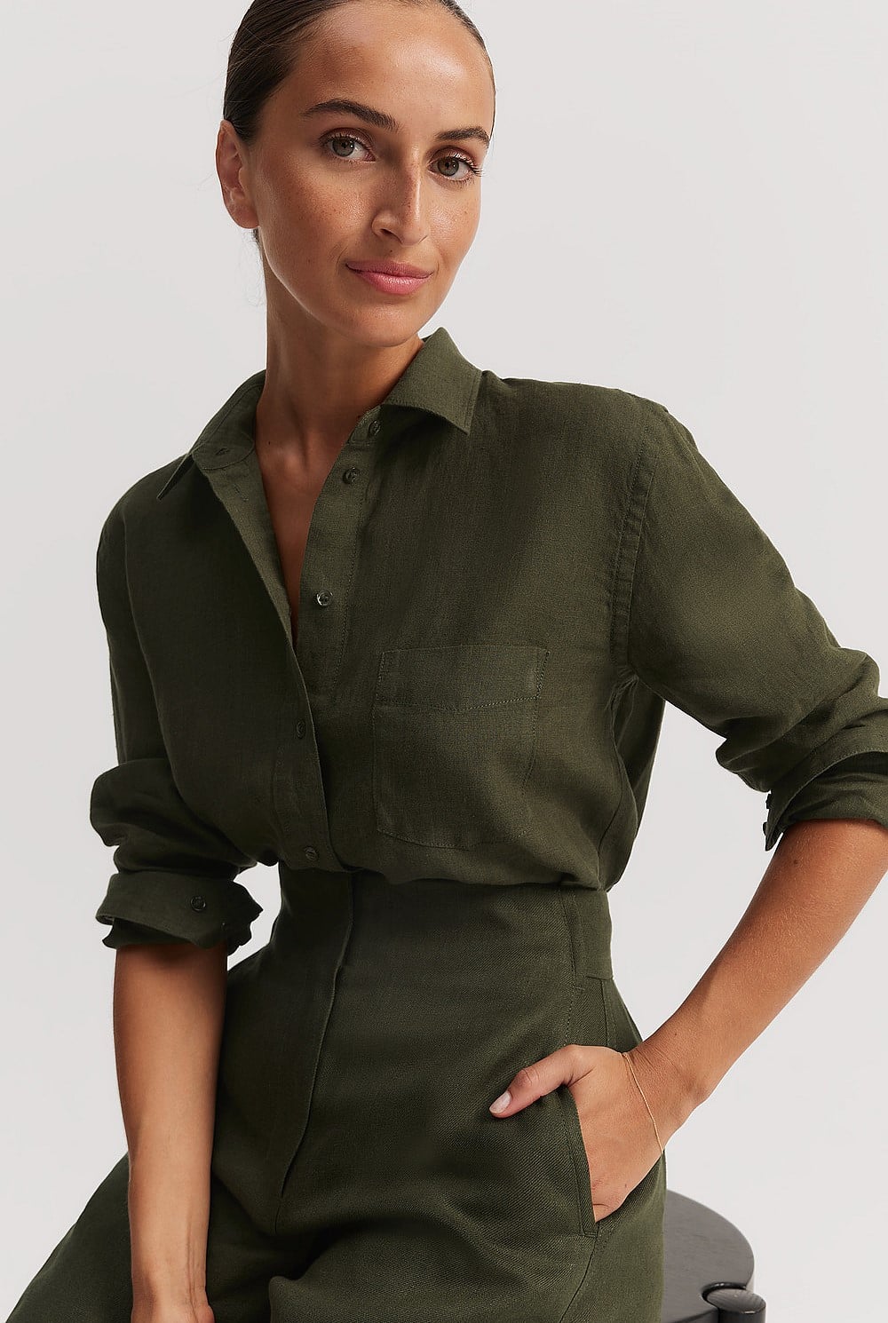 olive green dress shirt womens Relaxed Button-Up Blouse for Tall Women in Camper Green XL / Tall / Camper Green main image 1