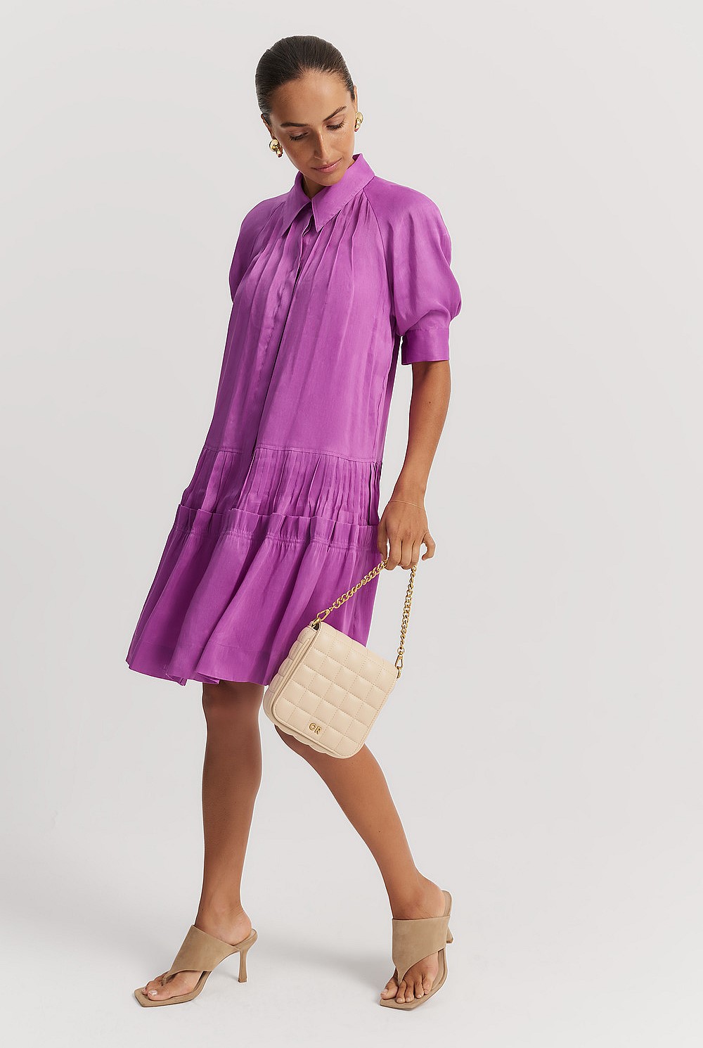 Vivid Purple Tuck Detail Short Sleeve Shirt Dress - Dresses | Country Road