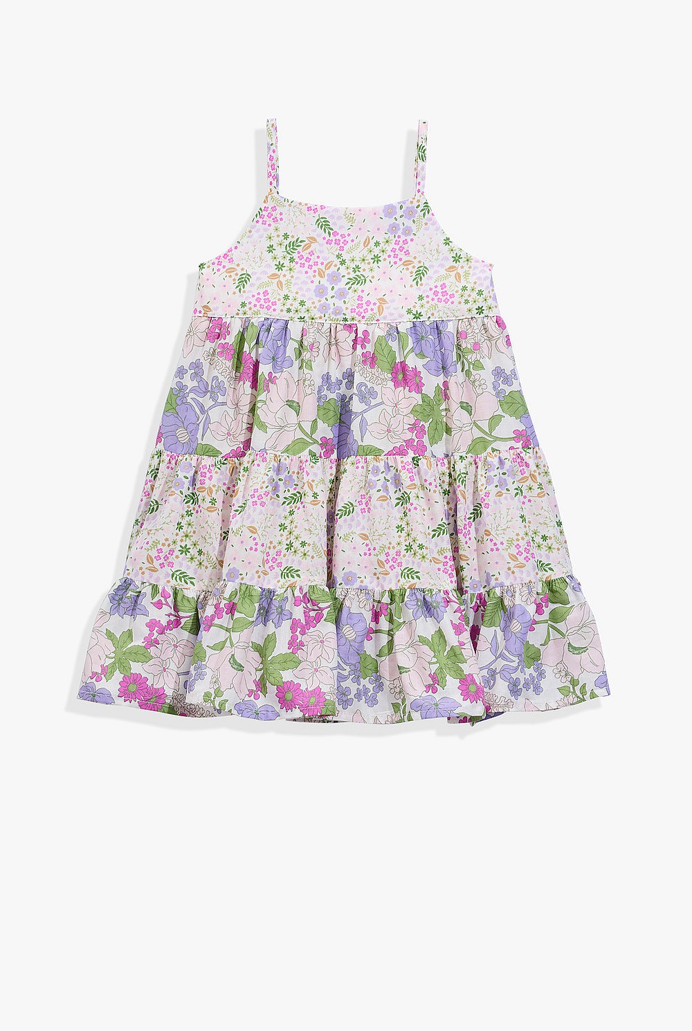 Spliced Floral Organically Grown Cotton Tiered Dress Romper