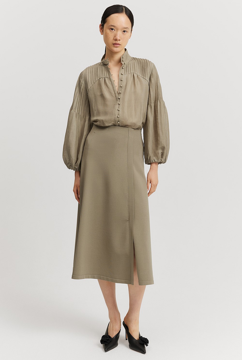 Sicilian Olive Pintuck Detail Blouse - Natural Fibres | Country Road