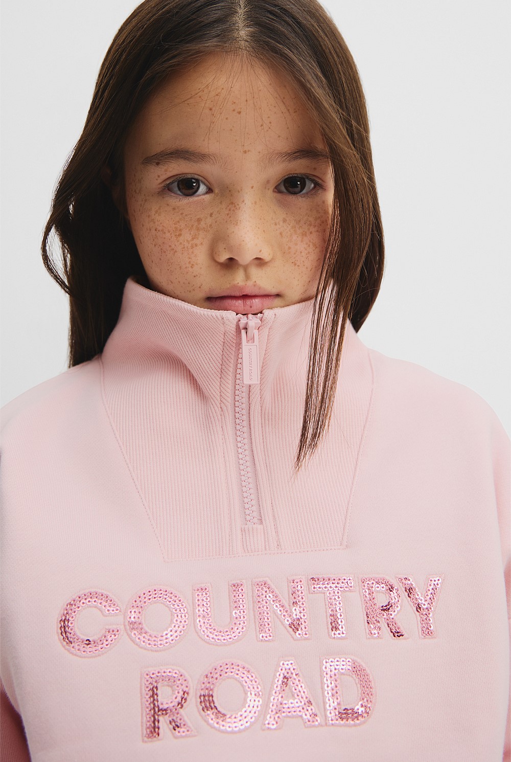 Mineral Pink Australian Cotton Blend Sequin Half Zip Sweat