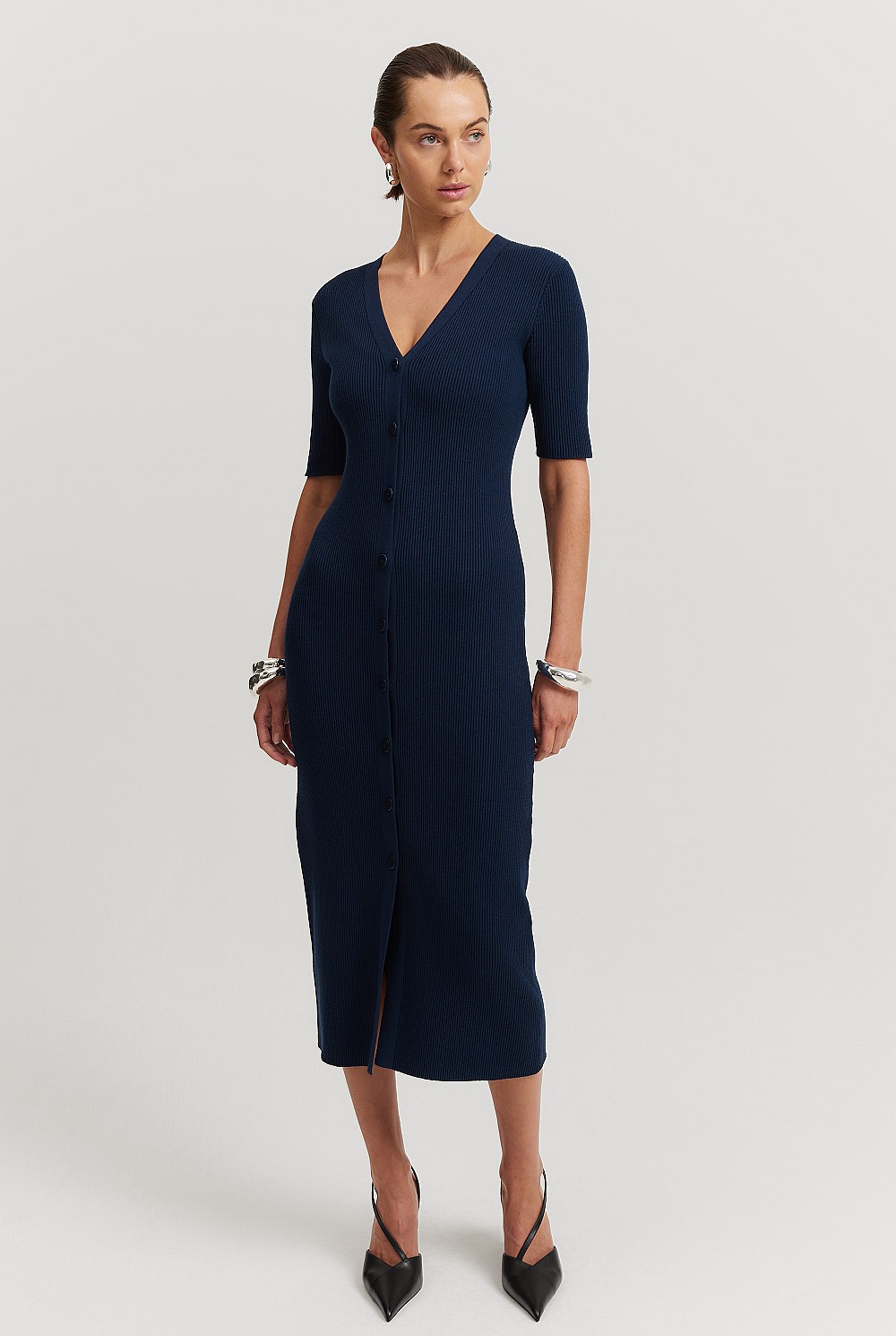 Midnight Button Through Knit Dress - Knitwear | Country Road Midnight Button Through Knit Dress - Knitwear | Country Road