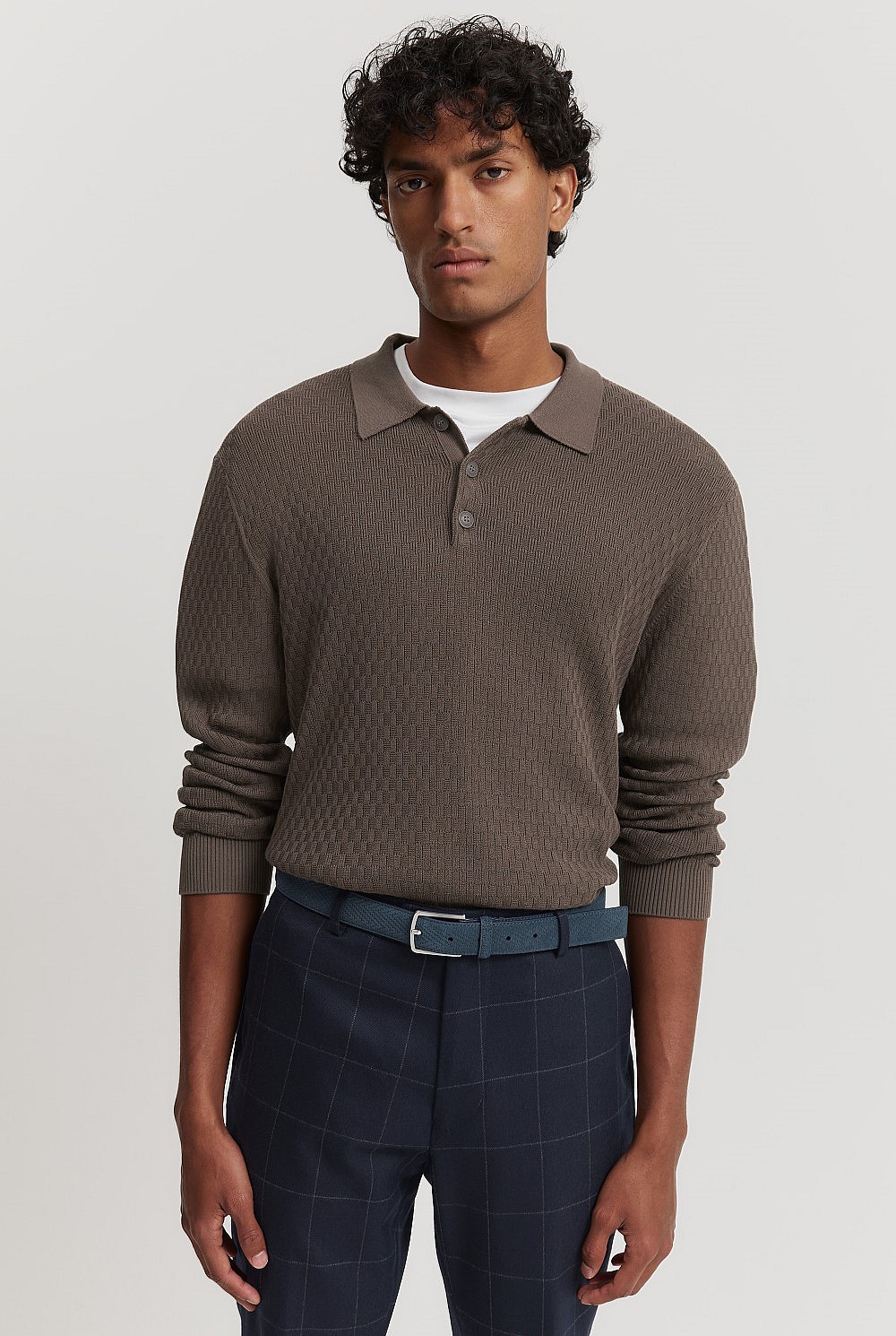 Mocha Cotton Silk Textured Long Sleeve Polo - Knitwear | Country Road