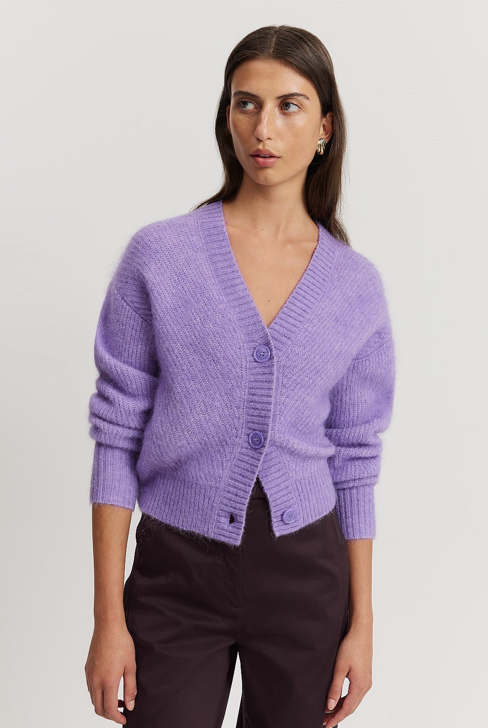 Deep Lilac Brushed Crop Cardigan - Knitwear | Country Road