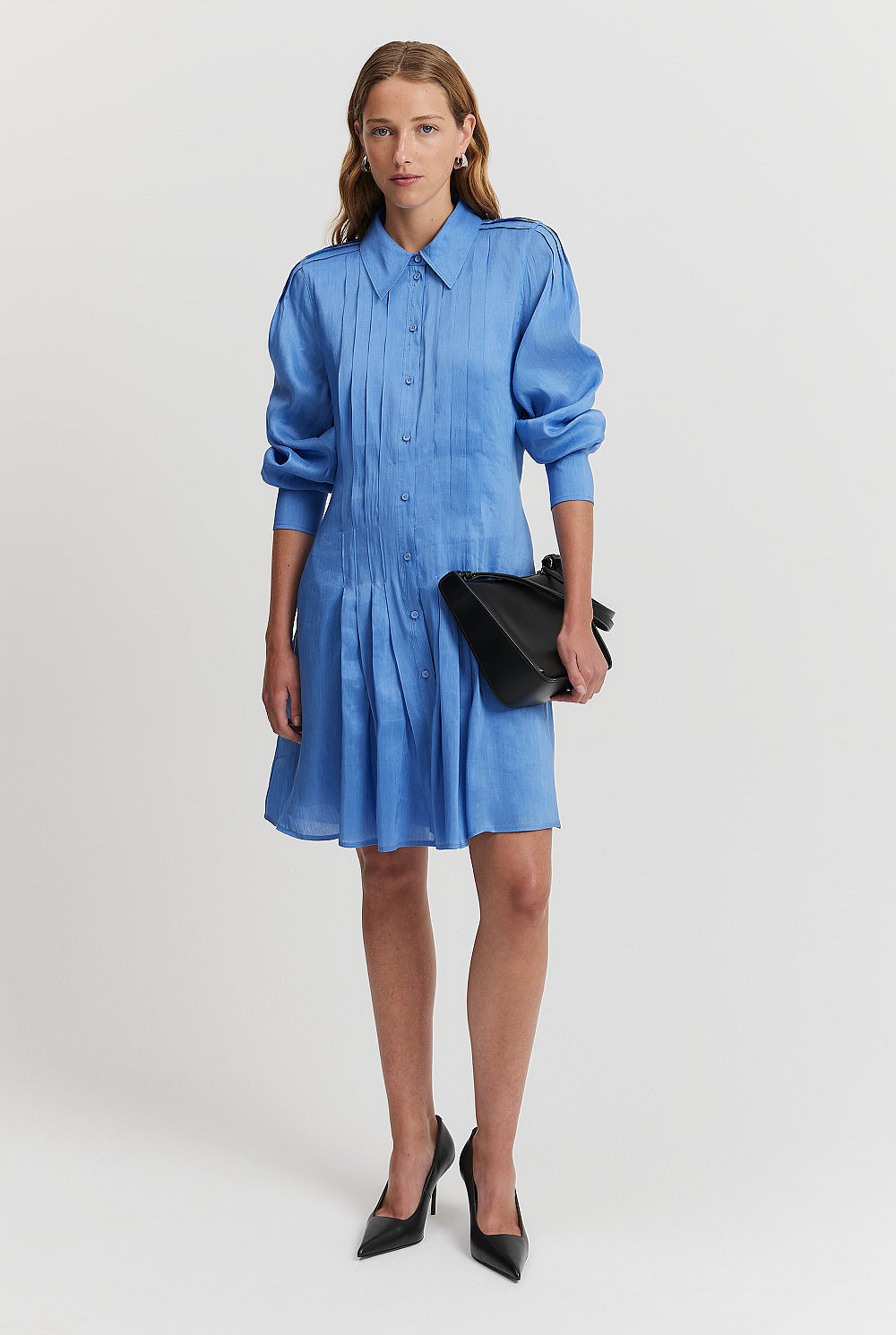 French Blue Pleat Mini Shirt Dress - Natural Fibres | Country Road French Blue Pleat Mini Shirt Dress - Natural Fibres | Country Road