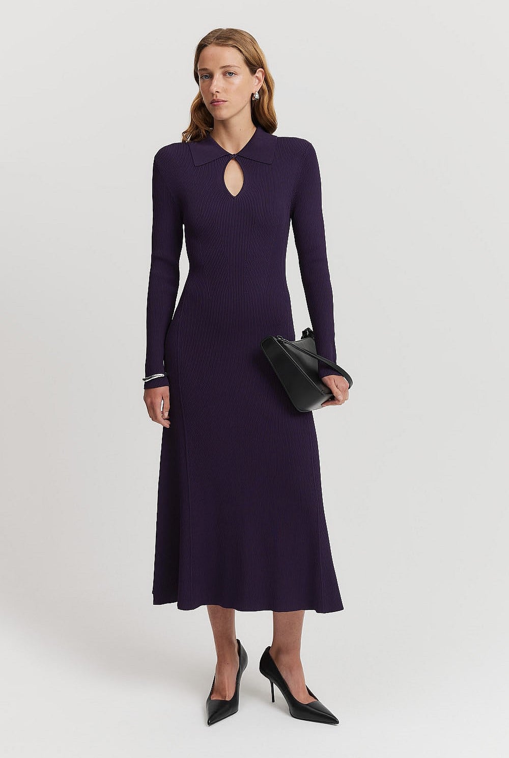 Eggplant Rib Fit-and-Flare Dress - Work | Country Road Eggplant Rib Fit-and-Flare Dress - Work | Country Road