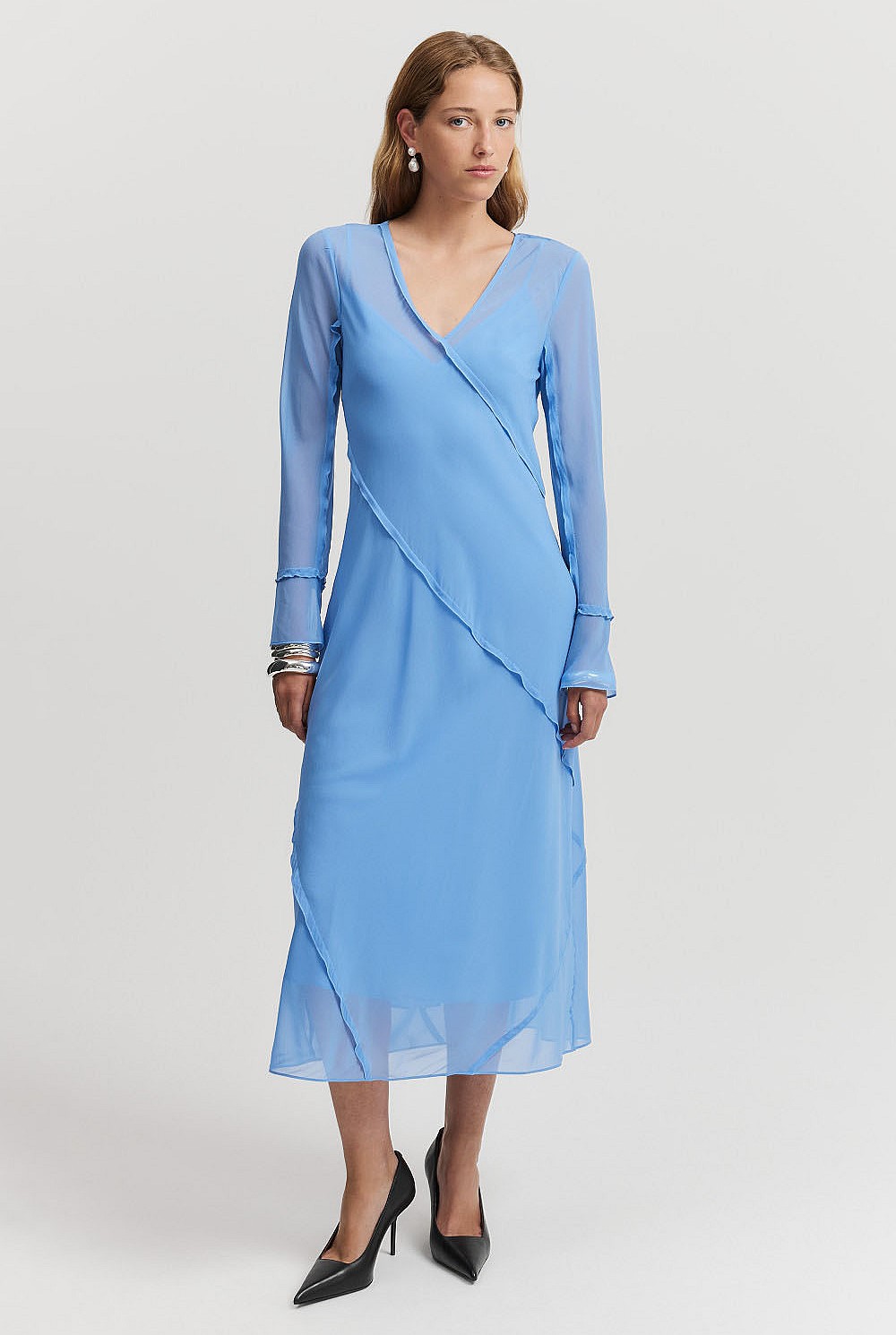 French Blue Georgette Long Sleeve Midi Dress - Dresses