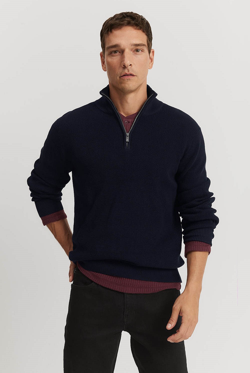 Navy Cotton Textured Half Zip Knit - Knitwear | Country Road